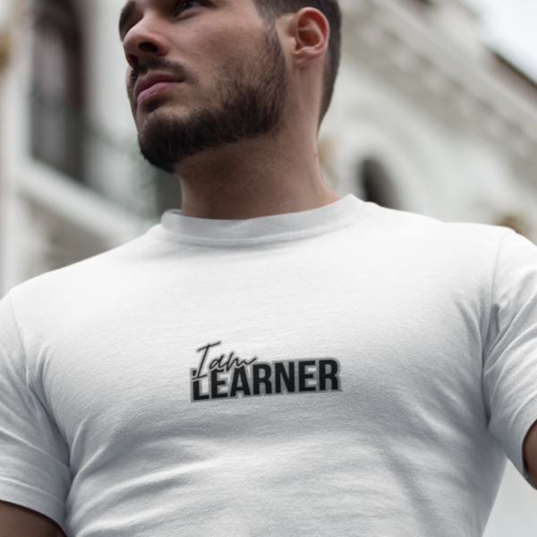 Strong man wearing white tshirt printed text I'm Learner