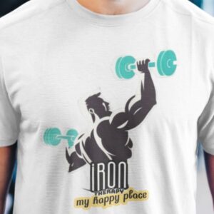 gymwear with muscle man and text iron therapy my happy home