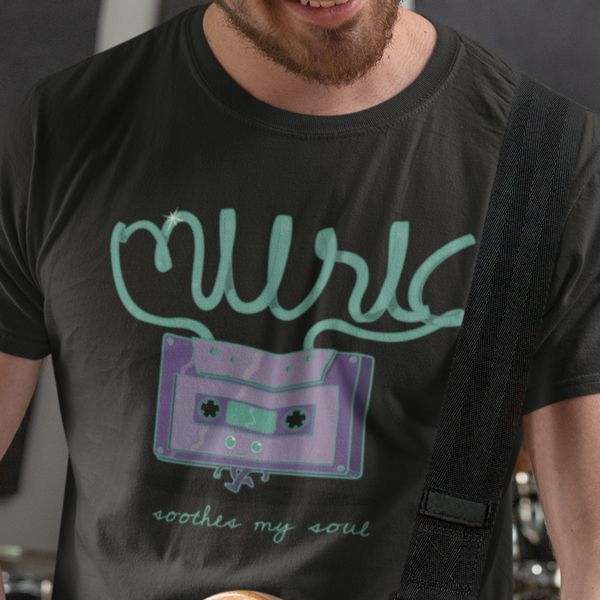 oversized tshirt with retro graphics and text music soothese my soul