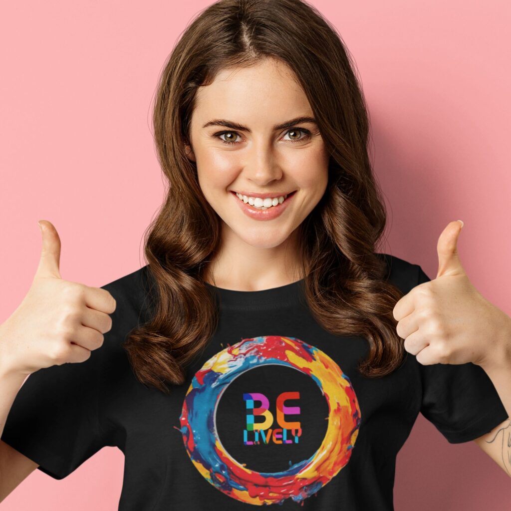 overized t-shirt with vibrant energy circle graphic with be lively text