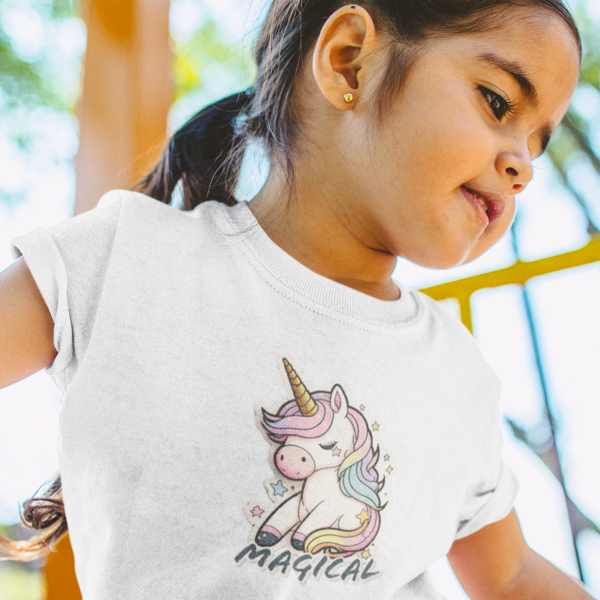 toddlet playing wearing tshirt print unicorn and magical text