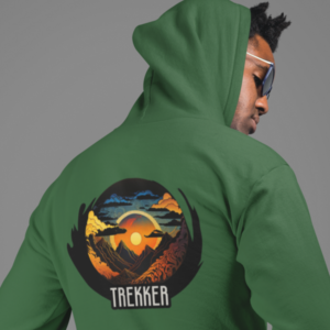 stylish man wearing hooddie with vibrant grpahic and trekker text
