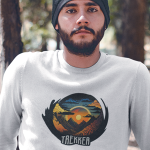 unisex sweatshirt print with vibgrant mountains graphics and text trekker