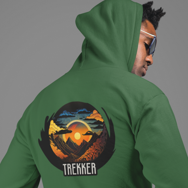 stylish man wearing hooddie with vibrant grpahic and trekker text