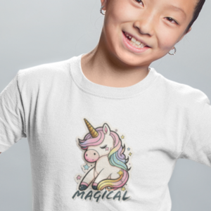 Kid wearing tshirt print unicorn and magical text