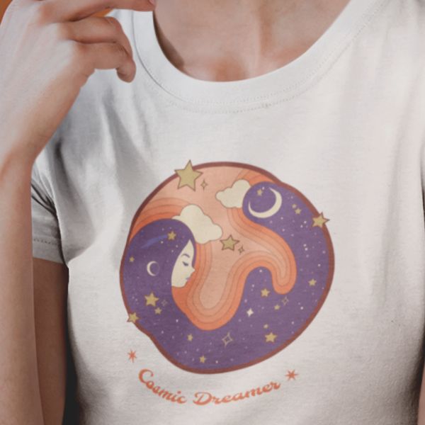 cosmic dreamer women's tshirt with vibrant graphic of girl and universe