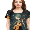 women all over print tshirt having girl playing guitar in garden