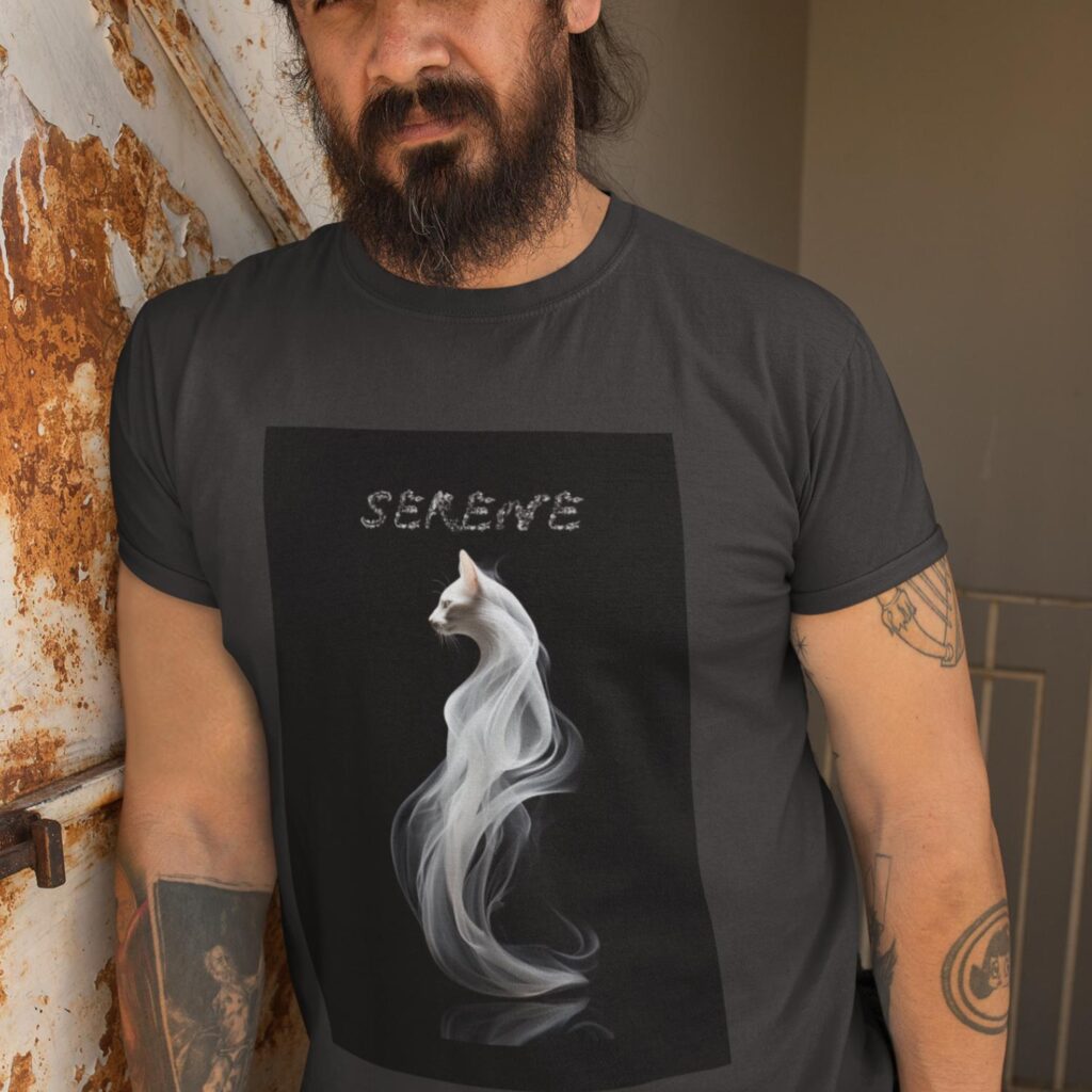Serene Mens T-Shirt White Cat printed on it