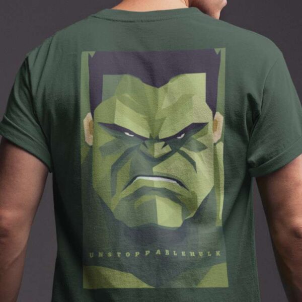 Men wearing olive green tshirt printed with angry hulk graphic at back