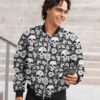 Black Bomber Jacket Skull and Flower Pattern