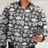 Black Bomber Jacket Skull and Flower Pattern