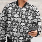 Black Bomber Jacket Skull and Flower Pattern